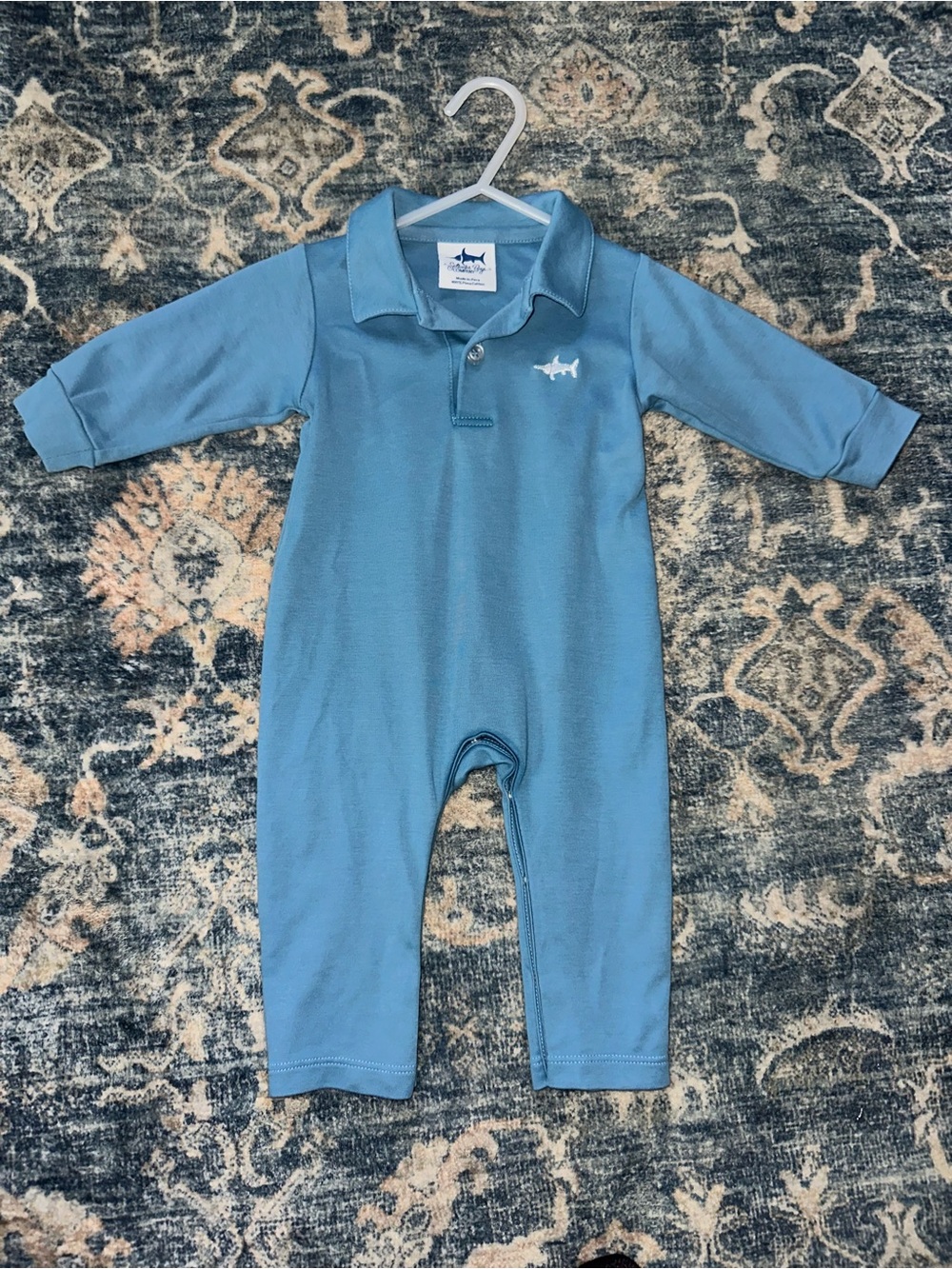 Baby Blue Polo One-Piece Romper with Shark Detail Saltwater Boys Company